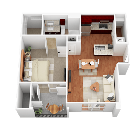 a 3d rendering of a bedroom and living room